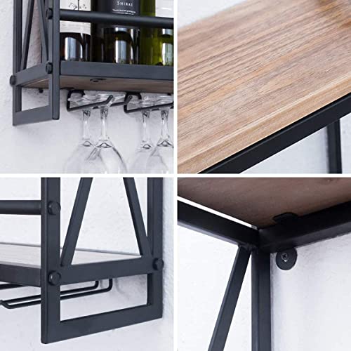 Industrial Wine Racks Wall Mounted,Hanging Wine Rack,Ic Wall Shelf with 4 Stem Glass,2-Tiers Wood Floating Shelves,Home Kitchen Decor Display Rack,Black,60X20X53Cm/Black/60 * 20 * 53Cm