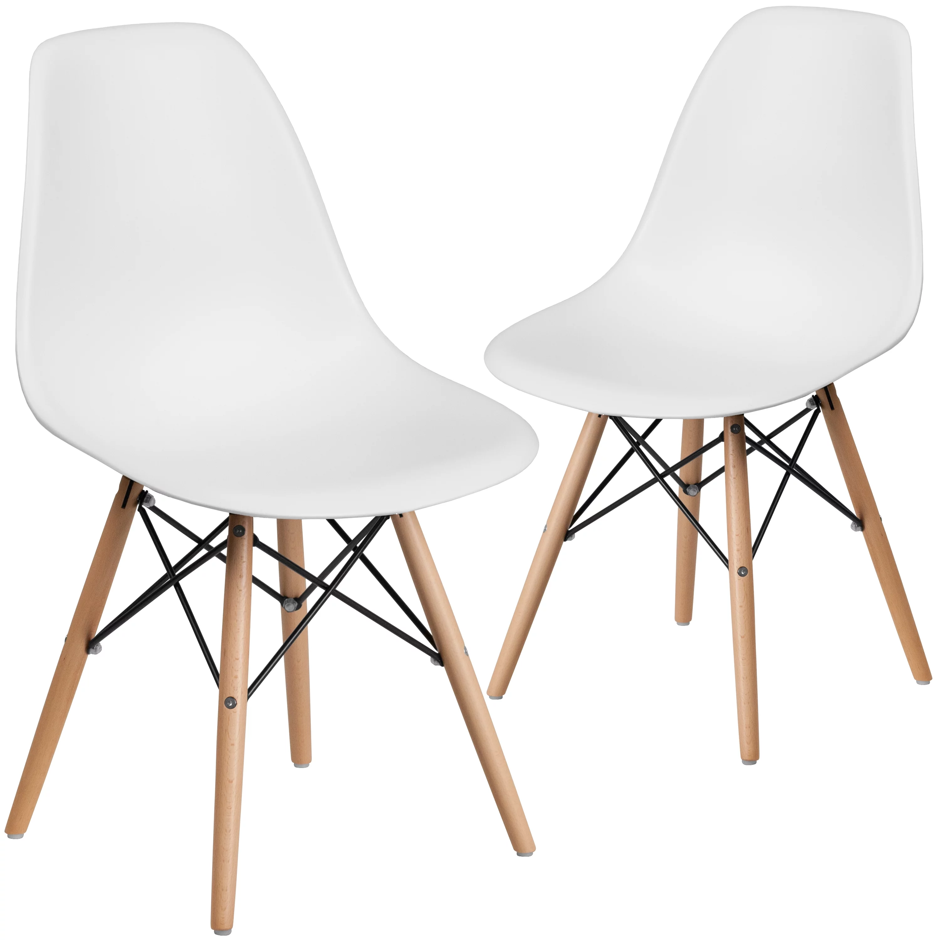 BizChair 2 Pack White Plastic Chair with Wooden Legs