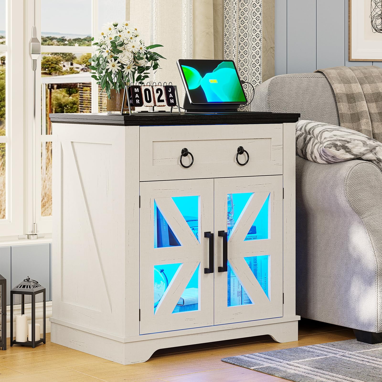 Farmhouse End Table with Charging Station, Side Table with LED Lights, White Night Stand for Living Room, Bedroom