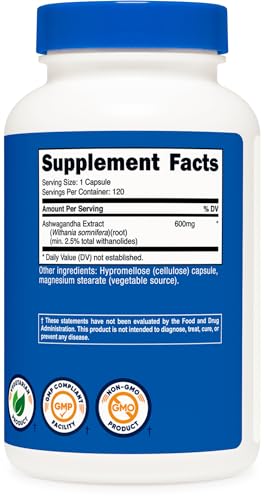 Nutricost Ashwagandha Herbal Supplement 600mg, 120 Capsules - Vegetarian, Non-GMO, Gluten Free, Ashwagandha Root