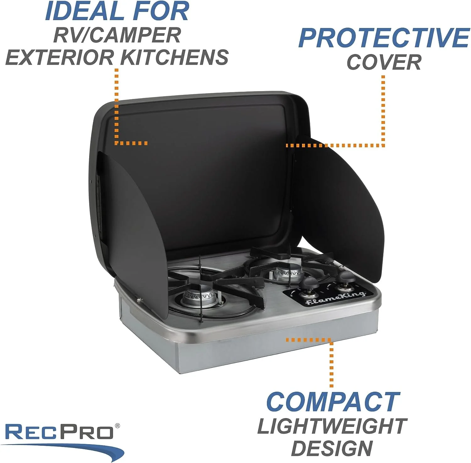 RecPro RV 2 Burner Gas Built-In Cooktop Stove with Cover Hood and Wind Guard | 7200 and 5200 BTU Burners