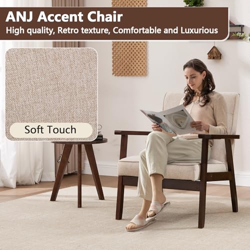 ANJ Mid Century Modern Accent Chair, Tufted Fabric Upholstery, Wood Frame, Beige