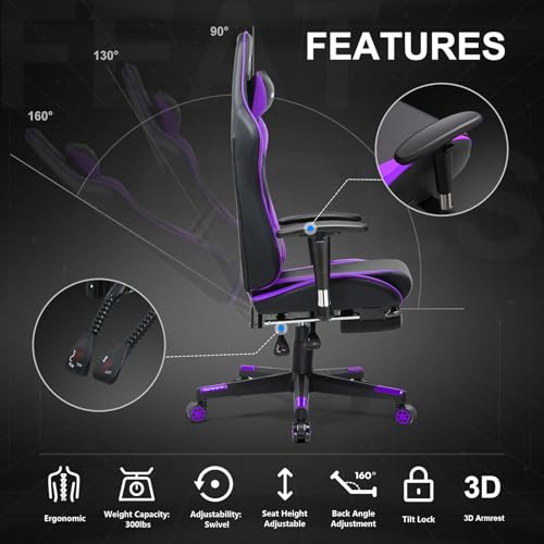 GTRACING Gaming Chair with Footrest, Ergonomic Computer Game Desk Chair, Recline Gaming Chair Seat Height Adjustment, Swivel Rocker with Headrest and Lumbar (Blue)