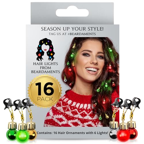 Beardaments Light Up Hair Lights - The Original Ornaments from, 16pc Colorful Christmas Hair Baubles for Holiday Cosplay Women Party Costume
