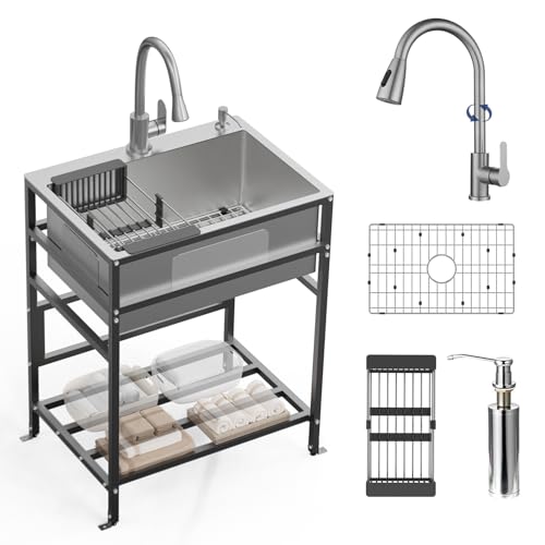 Black utility sink, 25x18 Inch Stainless Steel Freestanding Laundry Sink Practicality With Accessories-Black Faucet,Soap Dispenser, SS Sink Grid, Colander For Laundry,Garage,Outdoor Kitchen,Garden...