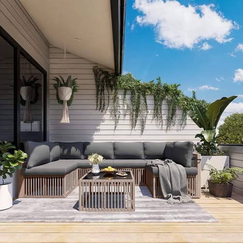 Pamapic 7 Pieces Outdoor Sectional Furniture，Wicker Patio sectional Furniture Sets，All-Weather Rattan Sectional Sofa Conversation Set with Coffee Table and Washable Couch Cushions Covers