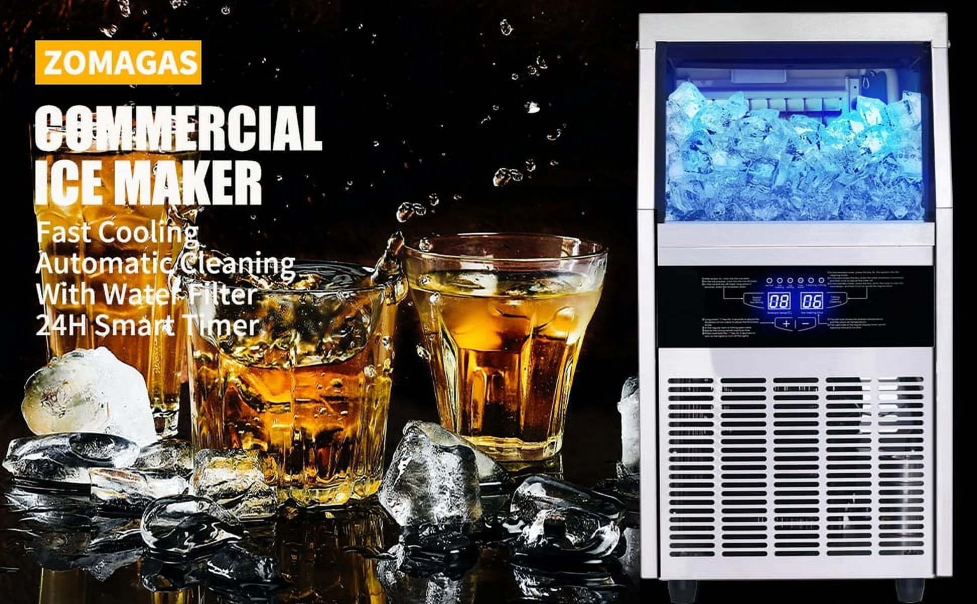 Zomagas Commercial Ice Maker 90lb Stainless Steel Bar Restaurant Built-in Cube Machine