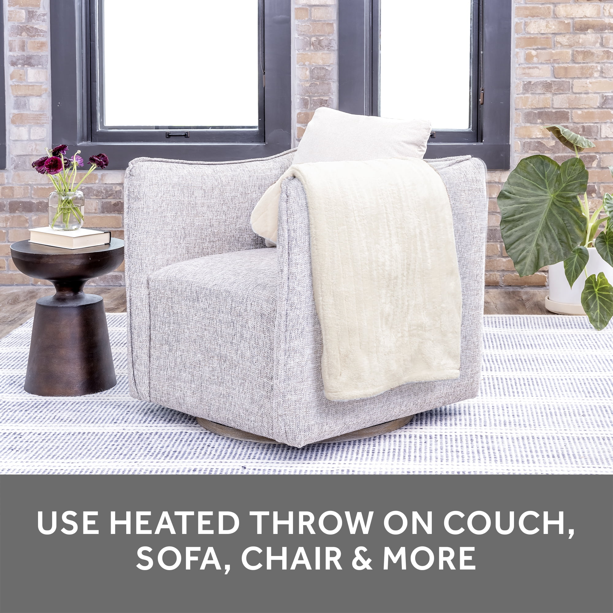 Sunbeam White Faux Fur Heated Electric Throw