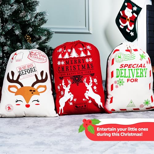 JOYIN 3 Packs Santa Sack, Large Christmas Canvas Gift Bag with Drawstring 26