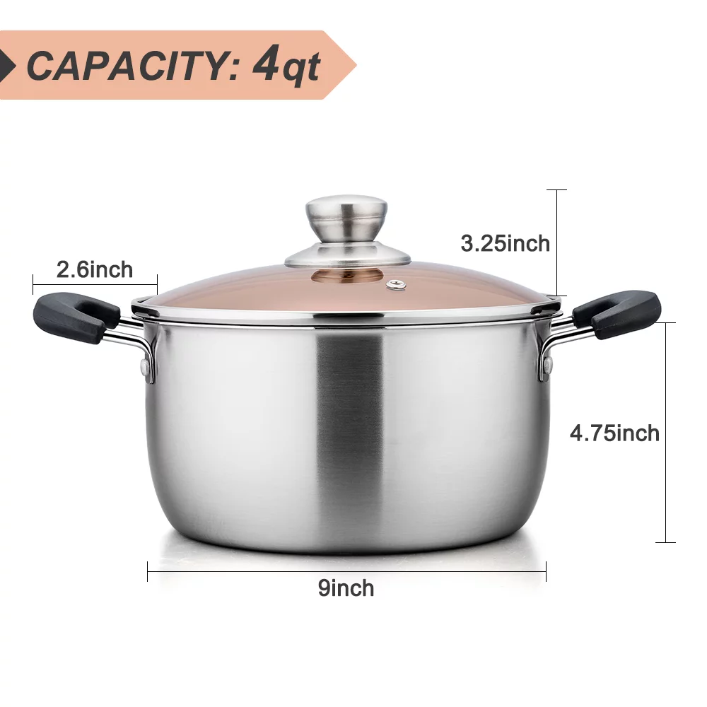 Walchoice 4 Quart Stockpot with Lid, Stainless Steel Pasta Pot, Heat-Proof Double Handles & Glass Lid