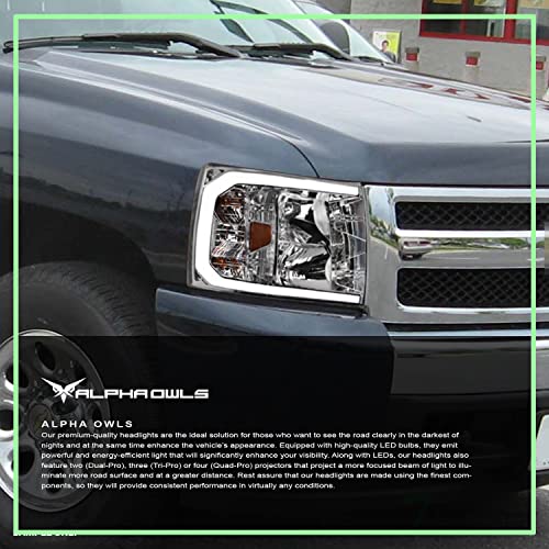 Alpha Owls 8712252 Crystal Headlights With Switchback Sequential LED Light Bar & Startup Light - Black Amber Fits 2007-2013 Chevy Silverado 1500/2007-2014 2500 3500 HD Halogen Models