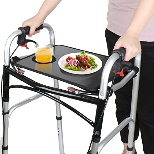 Walker Tray with Mesh Pockets, Universal Walker Tray Table with Cup Holder for Standard Folding Walker, Mobility Walker Accessories, Walker Tray, Medical Equipment for Senior-Black