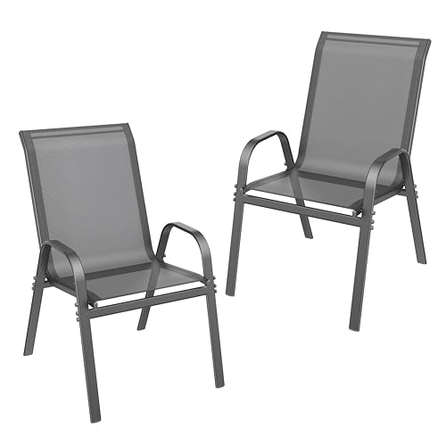 Patio Chairs set of 4, Easy Assembly Stackable Outdoor Dining Chairs with Wide Seat and Sturdy Metal Frame, Breathable All Weather Textilene Outdoor Chairs Set of 4 for Deck, Pool, Porch, Grey