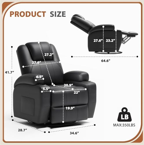 Flamaker Swivel Rocker Recliner Chair with Vibration Massage, 360° Swivel Recliner Chairs for Adults Ergonomic Lounge Chair with Cup Holders Lazy Boy Recliner Single Sofa Seat (Leather, Brown)