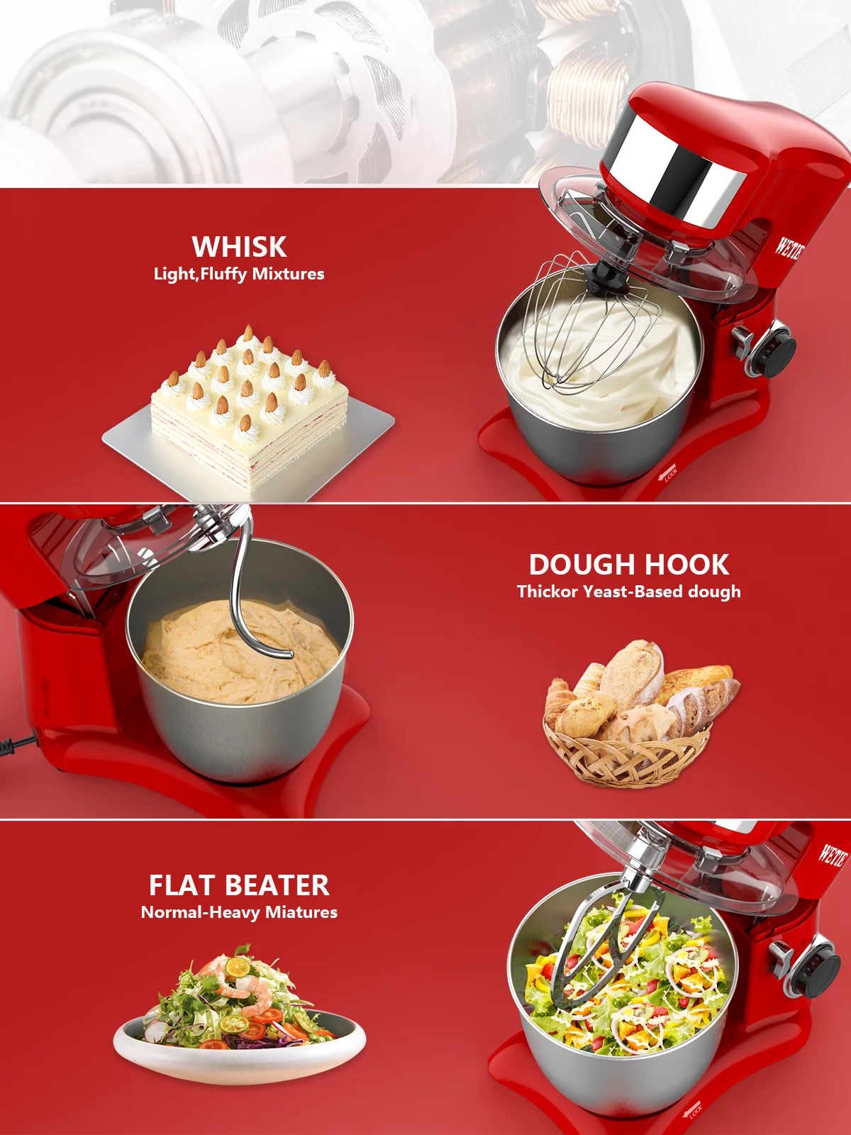 WETIE Stand Mixer with Bowl and Dough Hook, 4.8 Quarts , 10 Speed Kitchen Electric Mixer,Tile-Head,Red