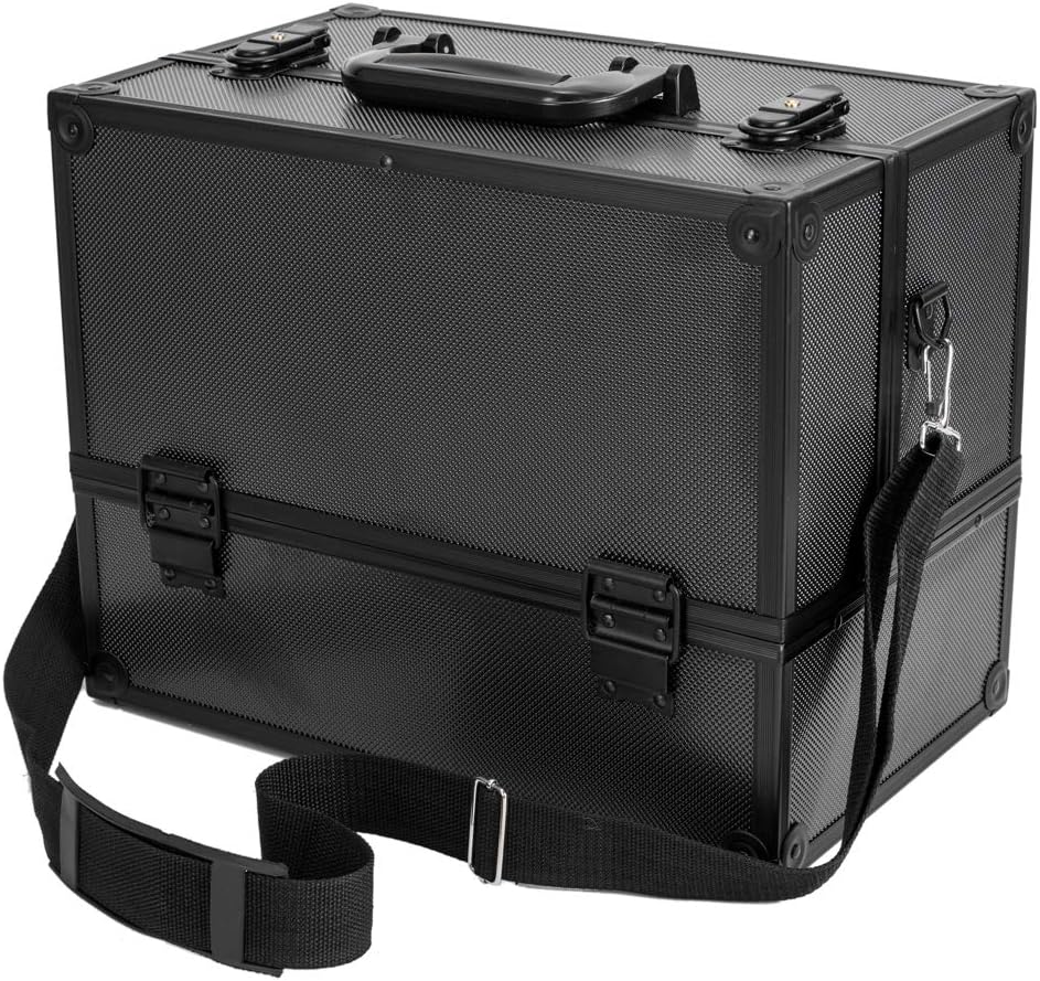 Portable Makeup Train Case - 6 Trays Cosmetic Cases Makeup Storage Organizer Box with Lock and Compartments 11x8.5x14in, black, YUGUO01