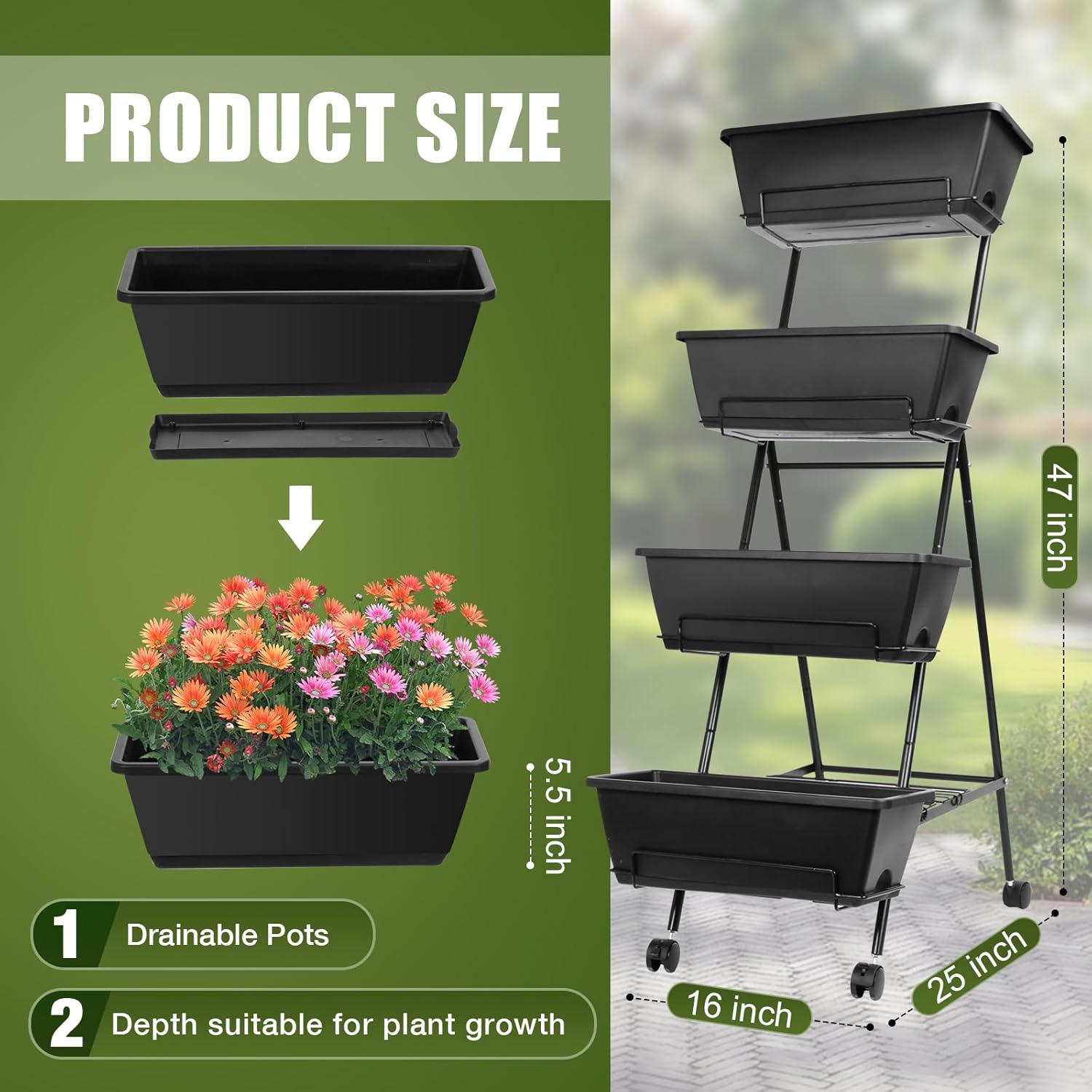 4 Tier Vertical Raised Garden Bed, Indoor Outdoor Raised Planter Box with Wheels, Movable Elevated Herb Garden Planter with Drainage Holes for Herbs Flowers Vegetables Plants