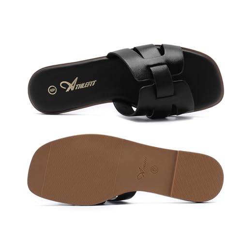Athlefit Women's Flat Sandals Dressy Summer Square Open Toe Slip On Leather Slide Sandals