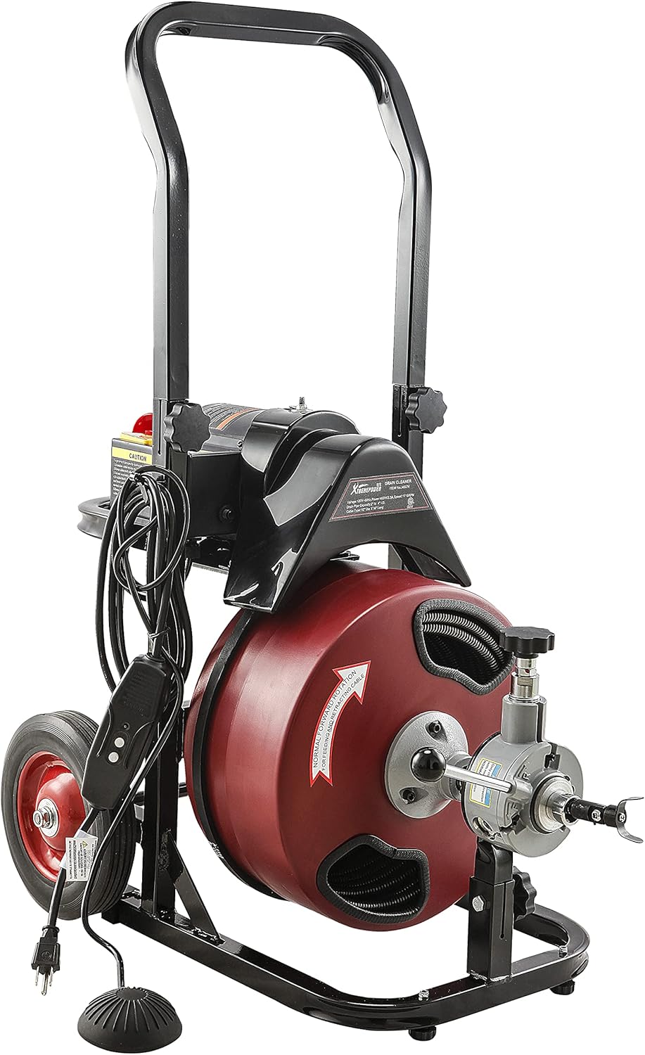 XtremepowerUS Commercial Sewer Snake Drill Drain Auger Cleaner Cable 50-Feet Long 1/2 (4)-Cutter Set & Foot Switch with Wheel