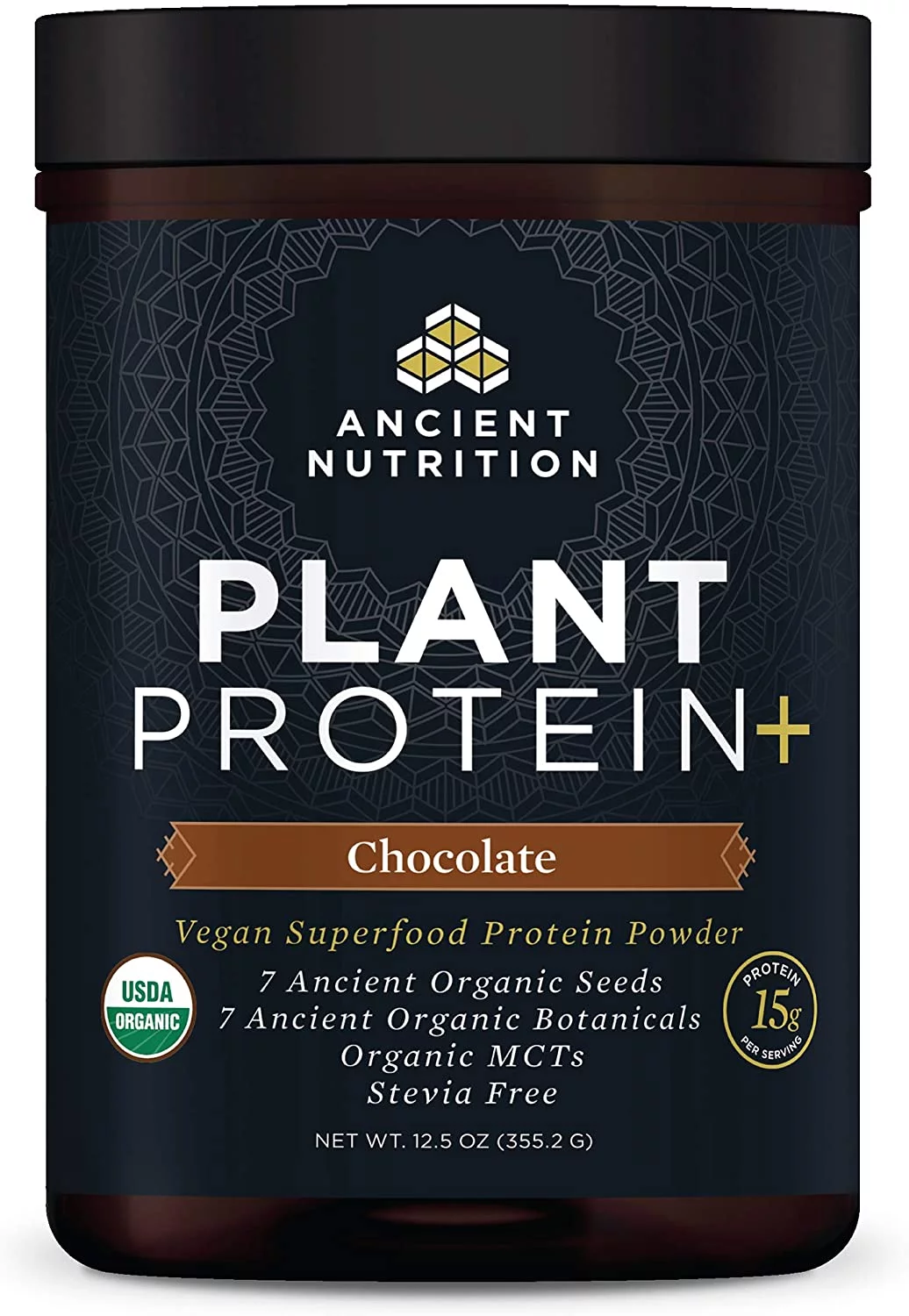 Ancient Nutrition Organic Plant Protein +, Vegan Plant Based Protein Powder, Chocolate, Formulated by Dr. Josh Axe, Dairy-Free, Gluten-Free, Non-GMO, No Sugar Added, Paleo Friendly Supplement 12.5 oz