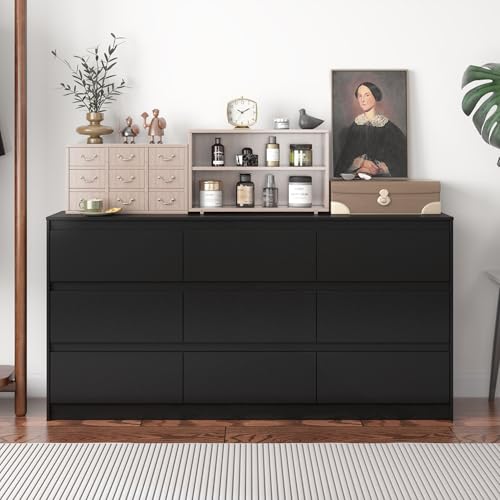 Hitow 9 Drawer Dresser for Bedroom with Deep Drawers, Large Floor Wood Dressers & Chest of Drawers Handle Free, Modern Black Long Dressers for Closet Living Room, Euro Slide (63