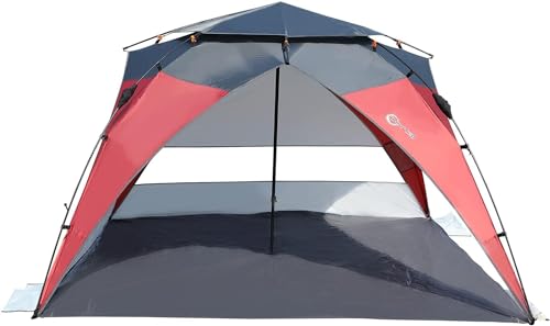 PORTAL POP Up Beach Tent, Umbrella-Style Setup,2-4 Person UPF50+ Beach Tent Sun Shelter, Open Front, Mesh Windows, Instant Sun Shelter with Carry Bag, Red/Grey