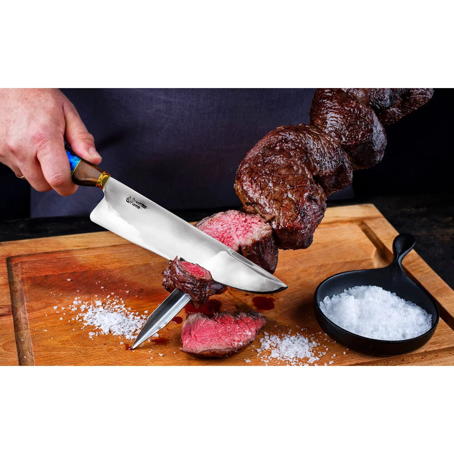 Brazilian Flame Chef Picanha 10-inch Stainless Steel Knife Set with Sharpener in Blue