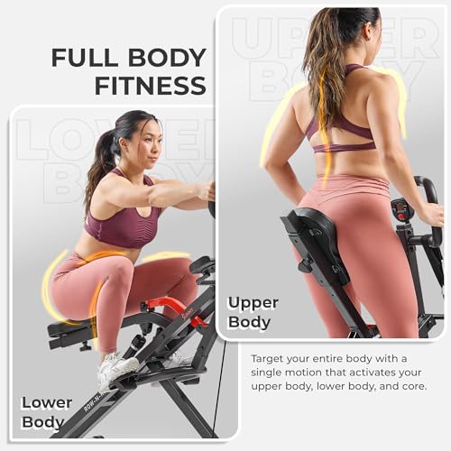 Sunny Health & Fitness Row-N-Ride PRO, Full Body Combo Squat Machine w/Optional Resistance Band, Easy Setup Ab Workout Exercise Equipment for Home, Whole Body Cardio, Optional SunnyFit App Connection