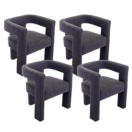 Modern Boucle Dining Chair Set of 4, Sherpa Barrel Accent Chairs Upholstered Armchair Comfy Side Chair for Kitchen Living Room Reception (Green, Set of 4)