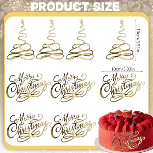 12 Pcs Merry Christmas Cake Toppers Acrylic Gold Mirror Xmas Tree Cupcake Topper Engraved Cake Decorations Dessert Discs for Christmas Birthday Party DIY Decor Supplies