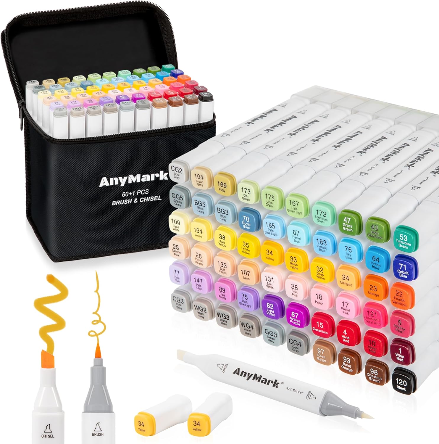 Alcohol Markers Brush Tip, 60+1 Colors Dual Tip Brush & Chisel Alcohol-Based Art Markers Set with Case for Kids Adult Artists Drawing Coloring
