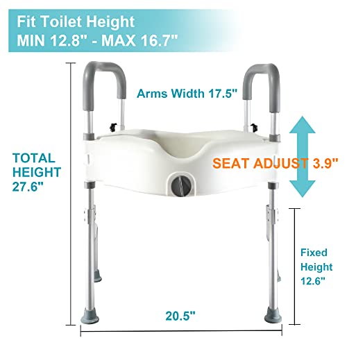 Lock Raised Toilet Seat with Handles, 5 Inch Toilet Seat Riser Heavy Duty with Adjustable Arms and Legs Fits Most Toilets, Elevated Toilet Seat 300 LBS(Regular, Grey+White）