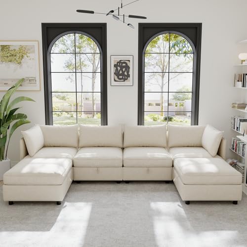 Oversized Modular Storage Sectional Sofa Customizable Seating Group Sofa&Couch Convertible Sleeper Sofabed with Movable Ottomans and Seat, U-Shaped Chenille Upholstered Sofa Couch for Living Room