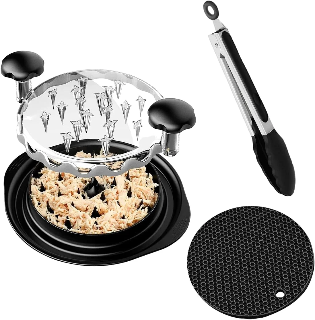 Chicken Shredder, 11”Perfect for Chicken Breast and Pulled Pork - Tool Twist for safe Meat Shredder - Including Tong and Anti Slip mat for full Food Shredder Set - Dishwasher Safe - Heat Resistant