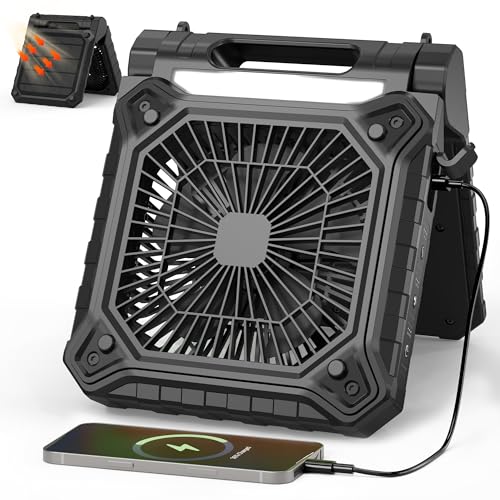 KITWLEMEN Solar Camping Fan with Lantern - Rechargeable Battery Operated Fan, 18H Run Time Max, 4 Speeds, 8H Timer, 90° Adjustable Portable Desk Fan for Hurricane, Power Outage, Outdoor Use