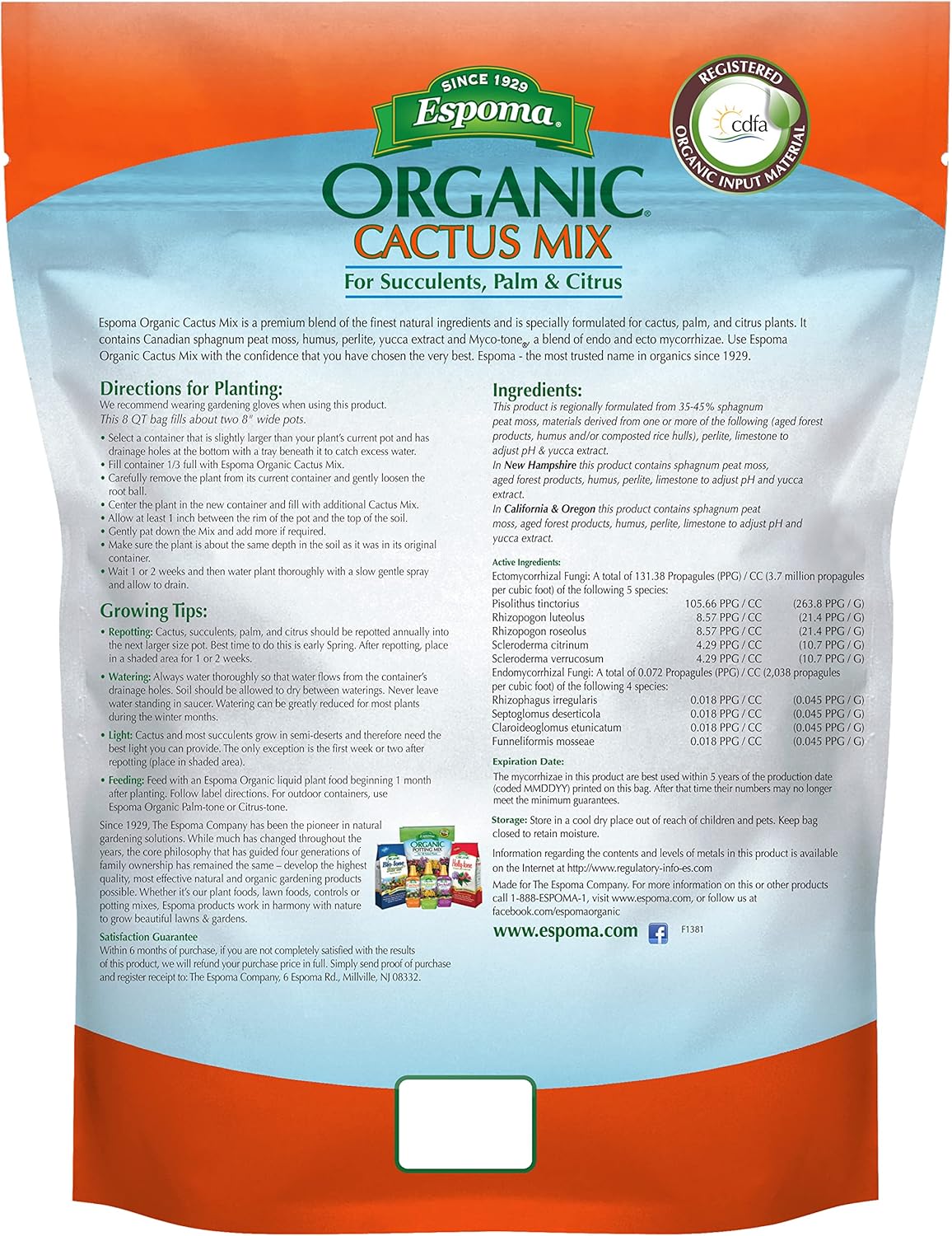 Espoma Organic Cactus Potting Soil Mix, Natural & Organic Soil for Cactus, Succulent, Palm, and Citrus grown in containers both indoors and outdoors, 8 qt, Pack of 1