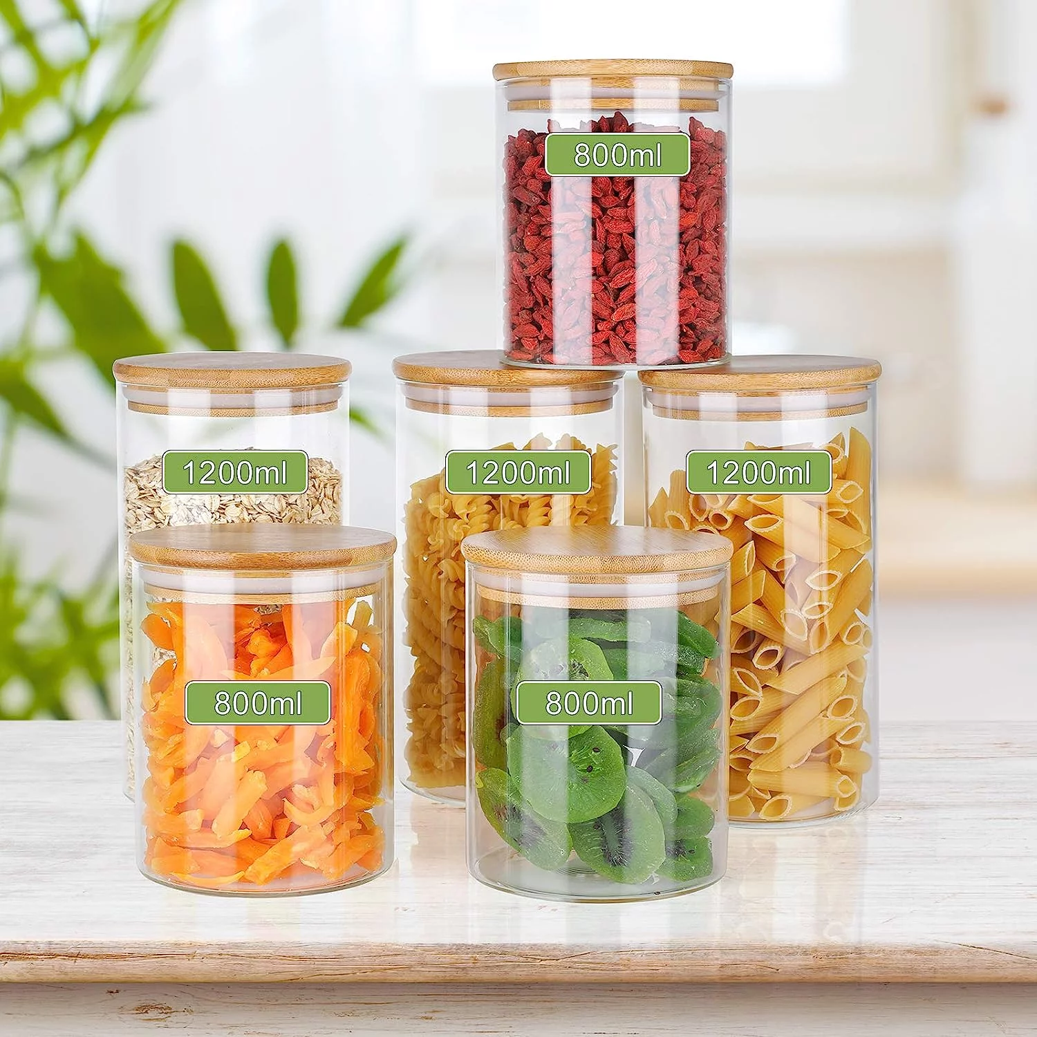 Set of 6 Storage Jars with Lids, 2 Sizes: 800 ml, 1200 ml Kitchen Airtight Storage Jars with Bamboo Lid, Made of Reinforced Borosilicate Glass