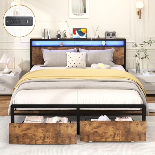Full Size Bed Frame with Headboard, LED Platform Bed Frames with 4 Storage Drawers, Built in Charging Station, Noise Free, Stable and Solid, No Box Spring Needed, Gray