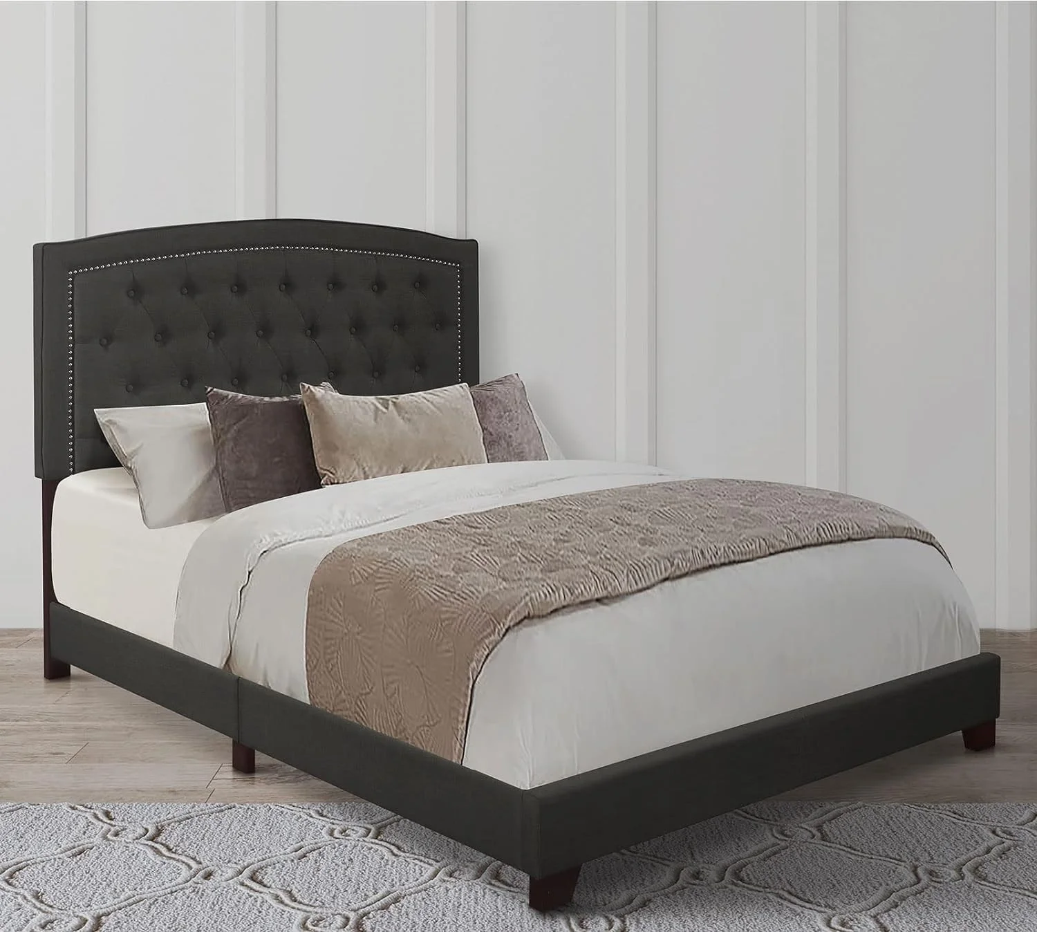 Linden Upholstered Bed Frame | Queen Size | Dark Grey Color