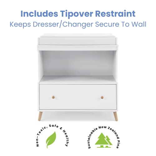 Delta Children Essex Convertible Changing Table with Drawer, Bianca White/Natural