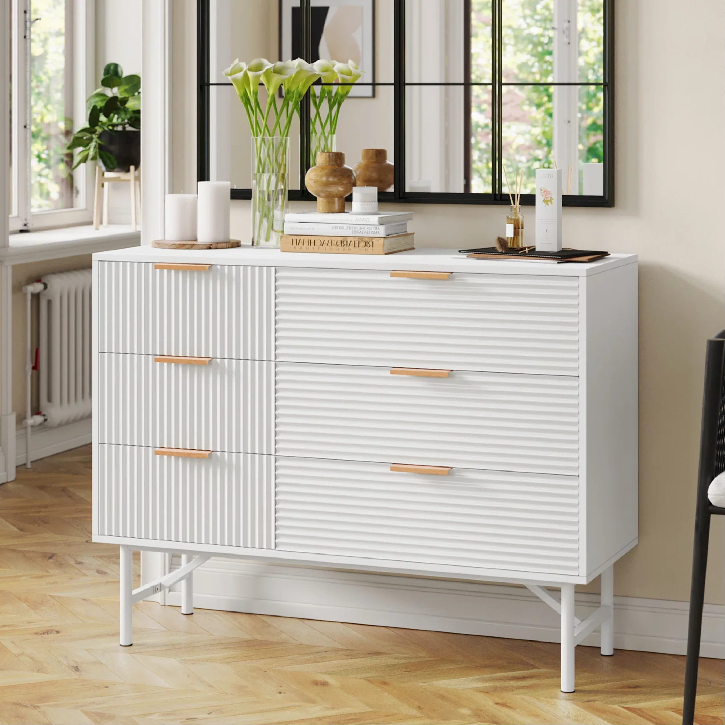 Homfa 6 Drawer Dresser for Bedroom, Modern Creamy Wave Panel Wood Storage Cabinet with Metal Base for Living Room Entryway