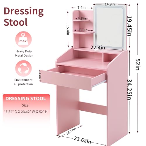 Dowinx Small Vanity Desk with Mirror and Lights, Makeup Vanity with Drawer & Storage Shelves, Makeup Desk with 3 Lighting Modes & Adjustable Brightness, Dressing Table for Women Girls Bedroom