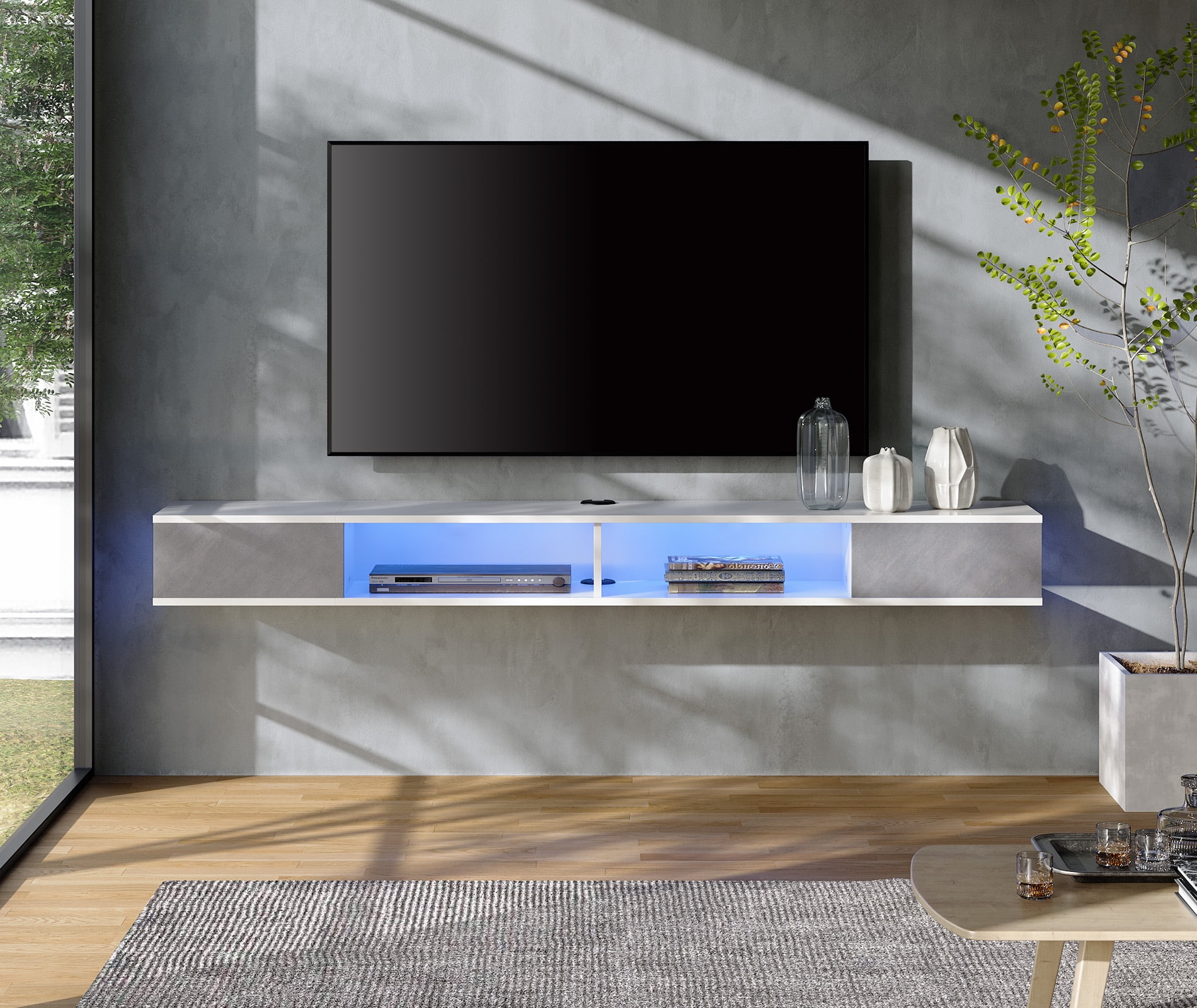 Floating TV Stand 70in TV Stand Blue Lights, Entertainment Center Media Console, Wall Mounted Shelf Media Console Cabinet