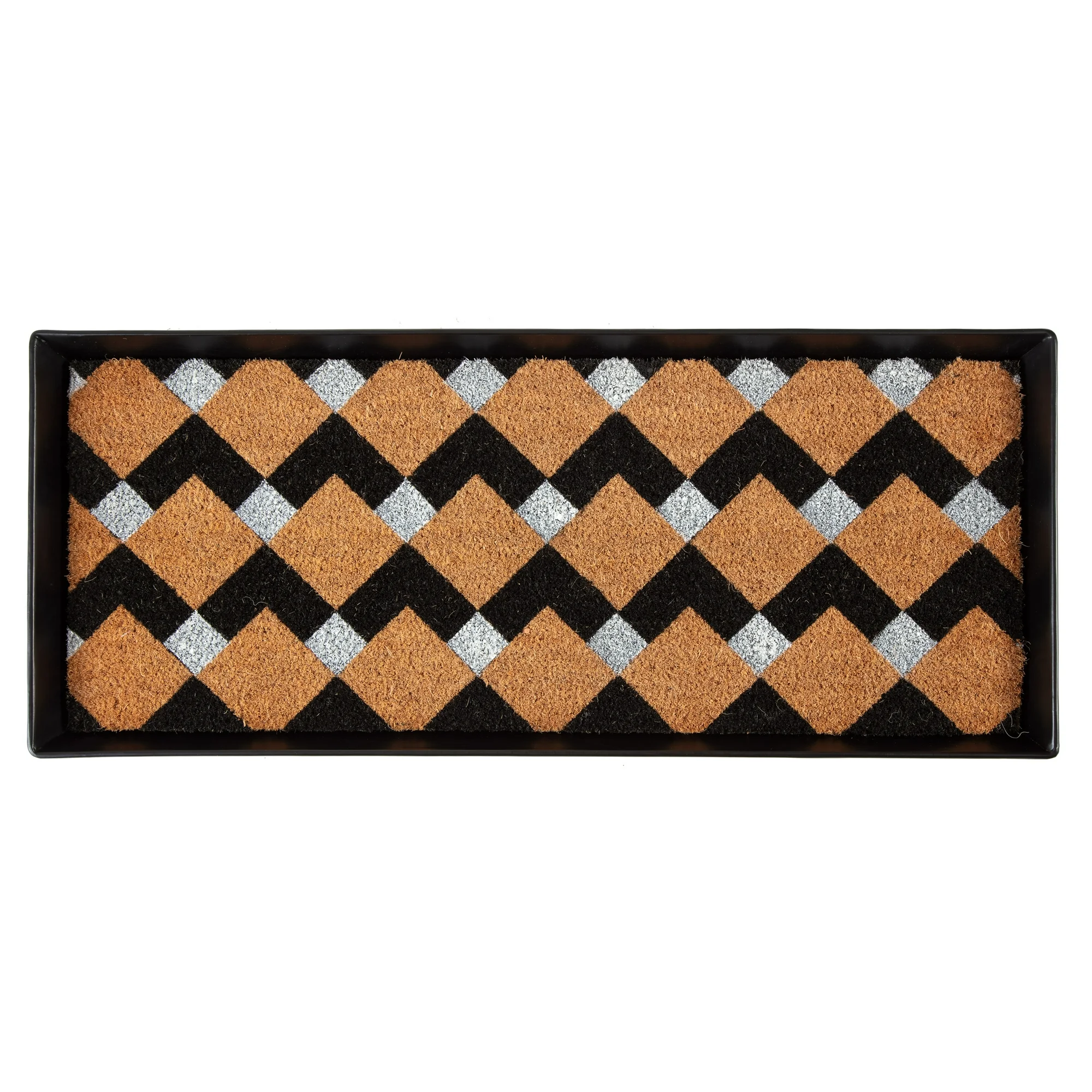 Black Metal Boot Tray with Tan & Black Chevron Coir Insert