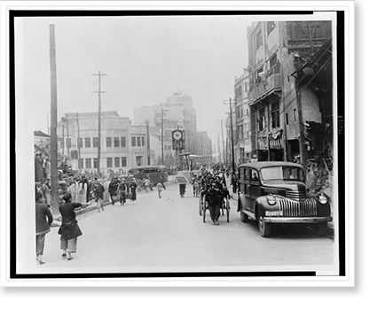 Historic Framed Print, [Chung Chen Road, a busy street in the Chongqing banking district], 17-7/8