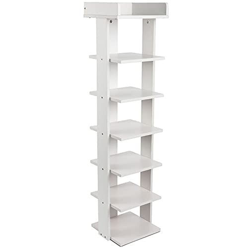 Wooden Shoe Rack, 7-Tier Small Shoe Rack for Entryway, Narrow Shoe Organizer Stand with Extra Top Storage, Multi-Function Storage Shelf for Bedroom Hallway and Closet, Space Saving (White)