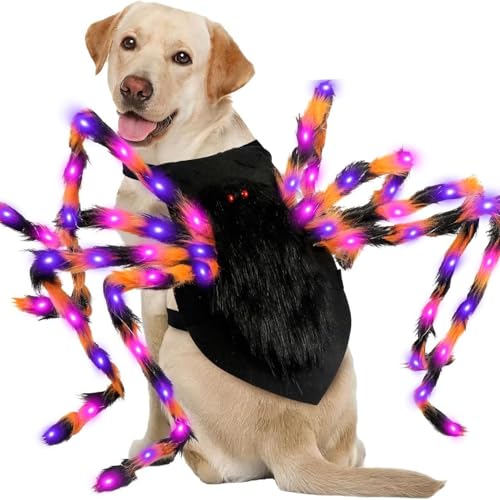Halloween Party Decorations for Pet Dogs: Spider with 64 LED Lights and 8 Flashing Modes, Glowing Spider Decorations for Pet Costumes, Cute Dog and Cat Costume Accessories (L)