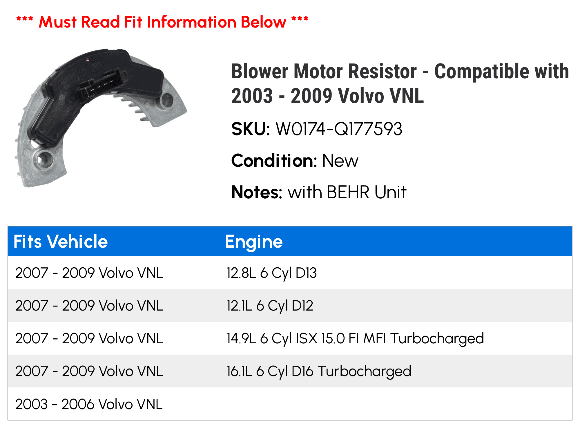 Blower Motor Resistor - Compatible with 2003 - 2009 Volvo VNL 2004 2005 2006 2007 2008