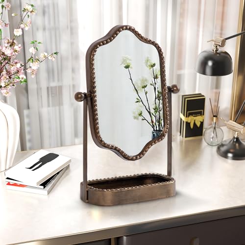 Vintage Tabletop Makeup Mirror with Tray, Metal Antique Decorative Mirror with Stand, 360°Swivel Retro Desktop Dressing Mirror Countertop, Bedroom,Bathroom, Living Room