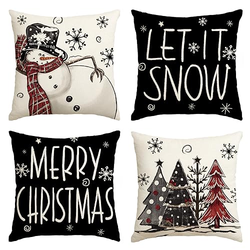 AVOIN colorlife Merry Christmas Snowman Let It Snow Throw Pillow Covers, 18 x 18 Inch Xmas Tree Winter Holiday Cushion Case Decoration for Sofa Couch Set of 4
